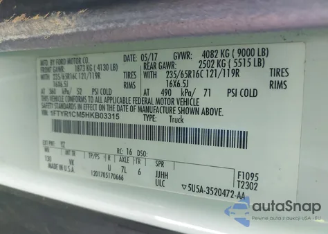 2017 Ford Transit-250 z USA, uszkodzony, nr VIN 1FTYR1CM5HKB03315